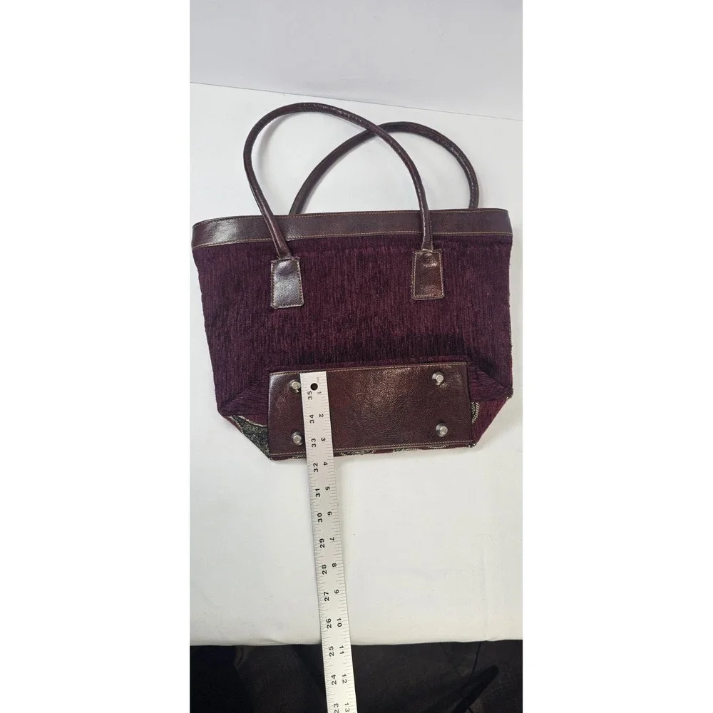 Burgundy Tapestry Tote Bag Brown Faux Leather Trim‎ Handles Zip Top Lined Purse
